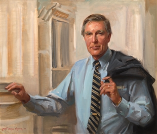 Portrait painting of Morris King Udall, half length, in a shirt, tie, and tie clip, with his left hand holding his suit jacket over his shoulder, and right hand resting on an abstracted column base