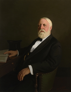 Portrait painting of Joseph Warren Keifer, three-quarter length, in a suit and necktie, seated in a chair at a desk, his right hand holding a book open